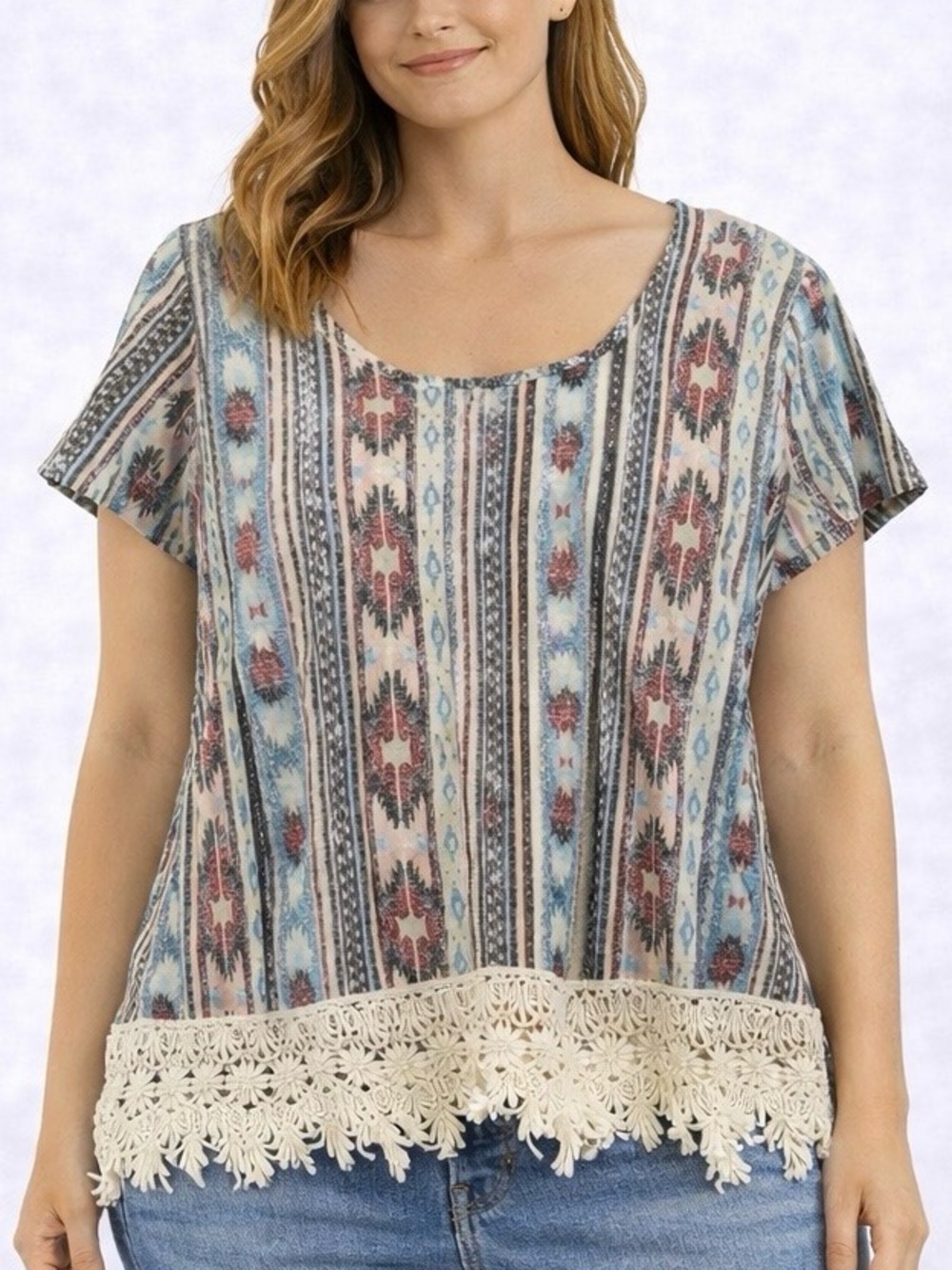 Maurice’s Women’s Geometric Short Sleeve Top with Crochet - Size XL